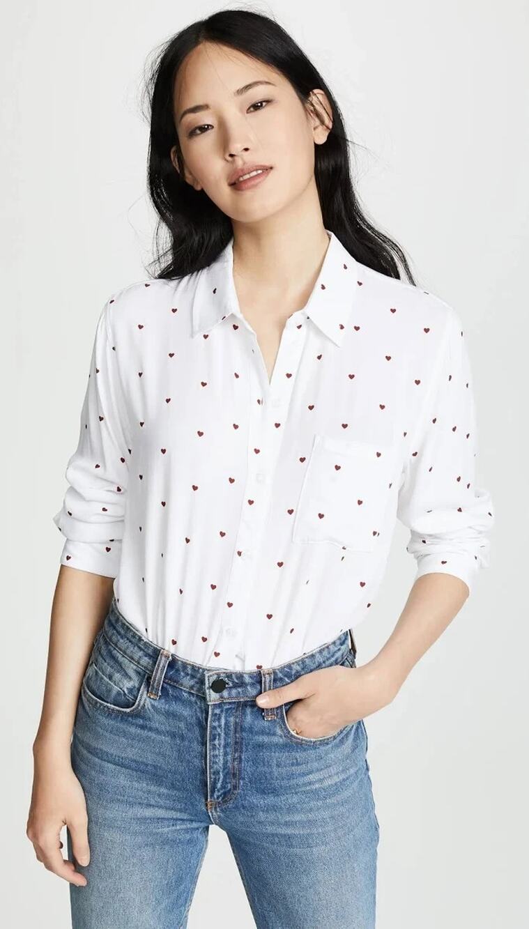 Rails Rocsi White Red Hearts Shirt Top Front Pocket XS
